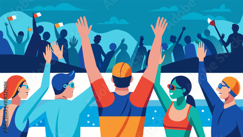 As the swimmers reach the halfway point the crowd erupts in cheers and clapping spurring them on to give their all in the final stretch.. Vector illustration photo