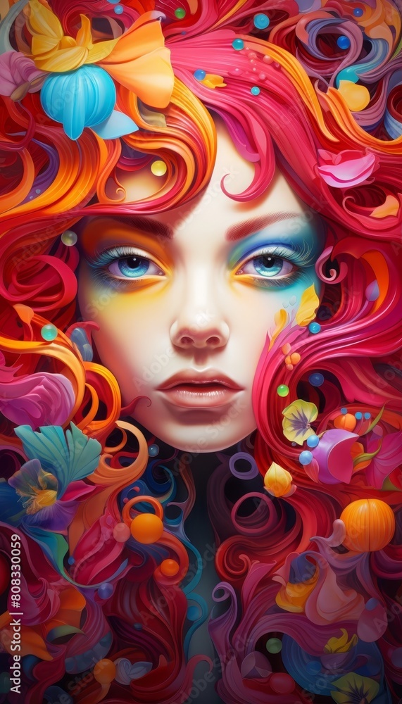 vibrant fantasy portrait with colorful floral elements