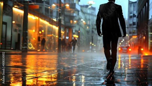 A businessman in a black suit walks in the rain in a city. Concept Outdoor Photoshoot, Businessman, Black Suit, Rainy Cityscape, Moody Vibes