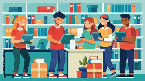 A group of students work together in the campus bookstore restocking shelves and ringing up purchases for their workstudy positions as retail. Vector illustration