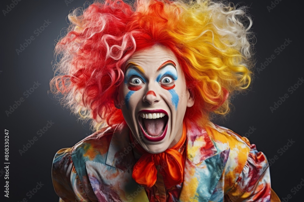 Colorful clown with exaggerated facial expression