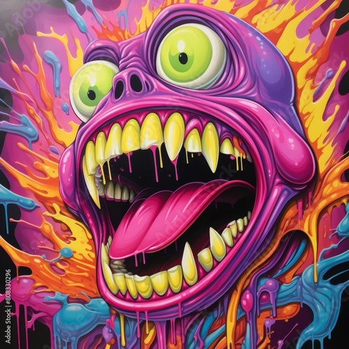 Vibrant monster character with large teeth and eyes
