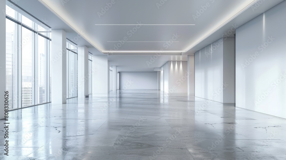White office hall with blank wall hyper realistic White office hall with blank wall hyper realistic