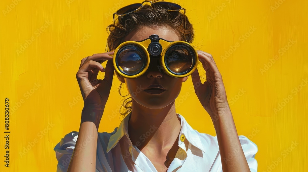 Woman with Binoculars on Yellow hyper realistic Woman with Binoculars on Yellow hyper realistic