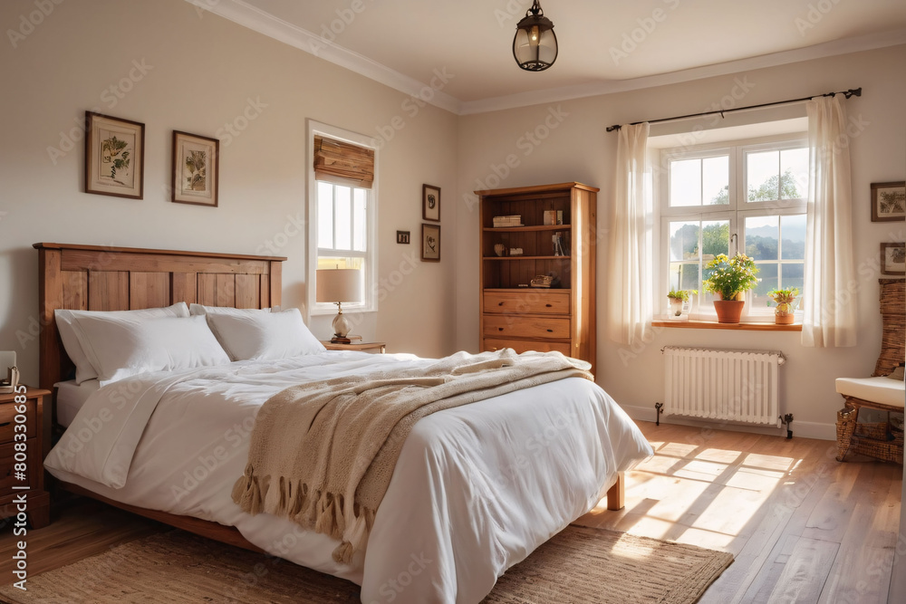 Fototapeta premium a peaceful bedroom interior with a large window showcasing a natural landscape.