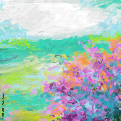 Impressionistic Digital Painting or Art of Mountains   Valley or Meadow with Blooming Flowers at the Forefront  Art  Illustration  Artwork  Design