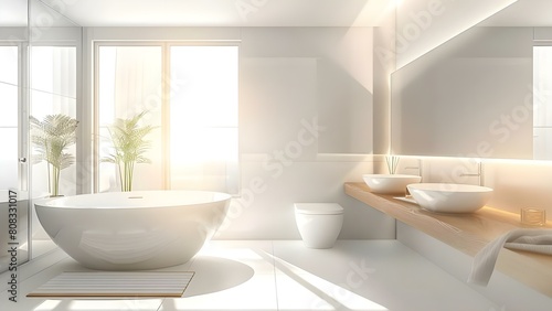 Modern bathroom with white bathtub double sinks panoramic window and minimalist design. Concept Modern Bathroom Design  White Bathtub  Double Sinks  Panoramic Window  Minimalist Decor