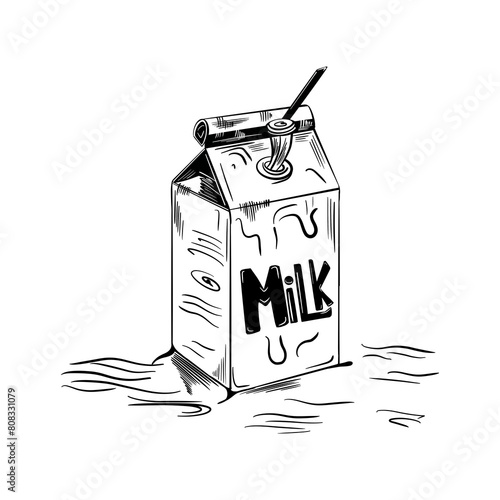 Illustration of a milk carton with a straw, black line 