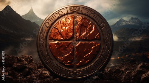 Spartan shield reflects erupting volcano lambda symbol amidst lava landscape