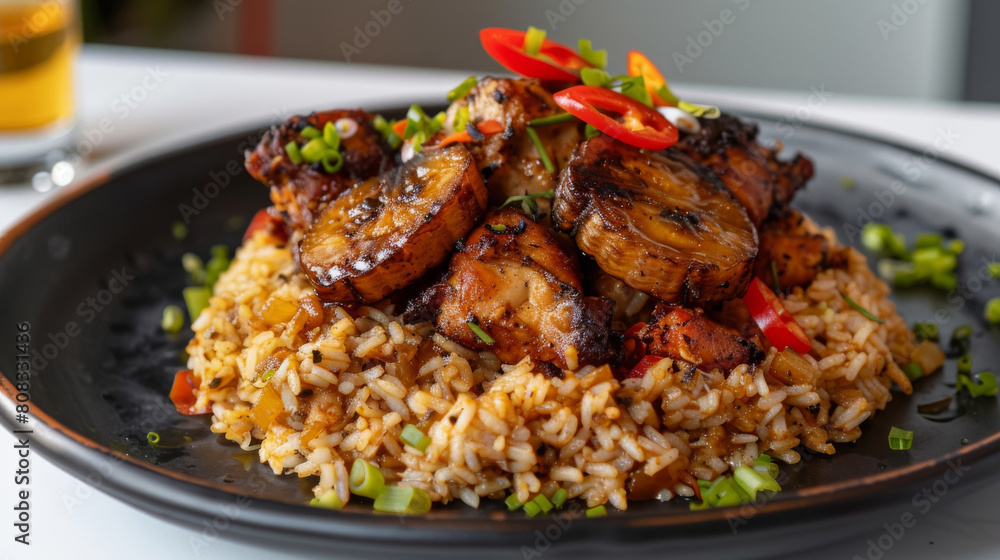 Fototapeta premium Delicious ecuadorian rice with fried plantains, chili, and green onions - a classic south american dish