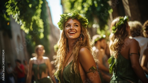 Dionysian revelers in colorful togas dance adorned with ivy garlands photo