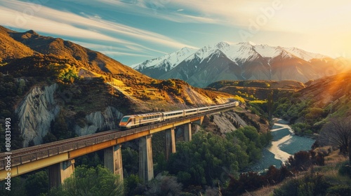 A passenger train traveling through a scenic mountain landscape during golden hour,The train is passing over a bridge photo