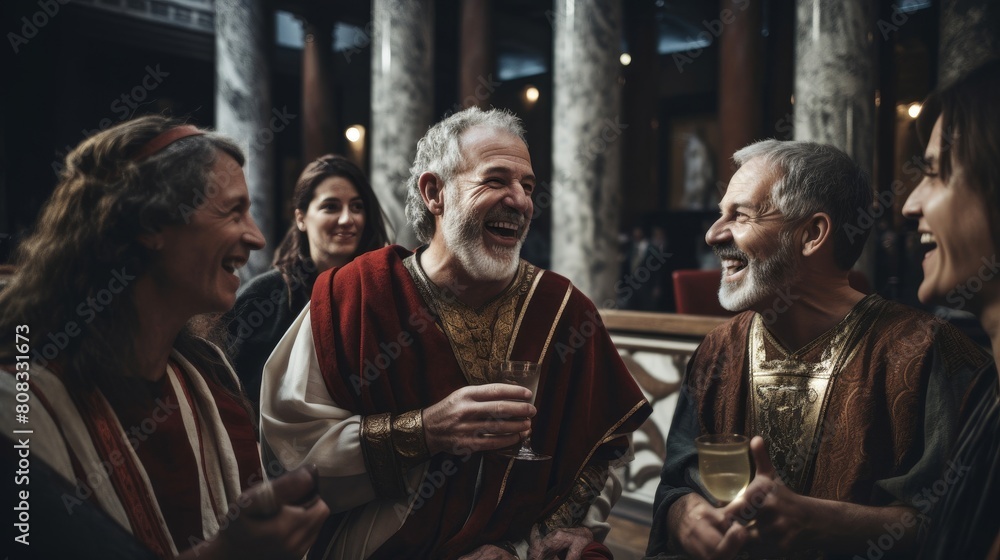 Group of friends enjoying symposium in patterned togas engaging in philosophical discourse and wine Group of friends enjoying symposium in patterned togas engaging in philosophical discourse and wine