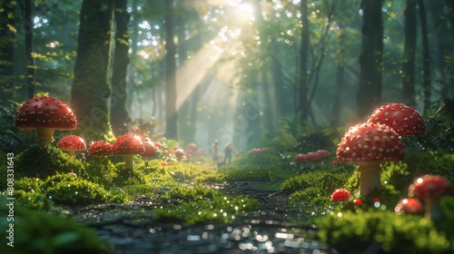 Group of Mushrooms on Lush Green Forest