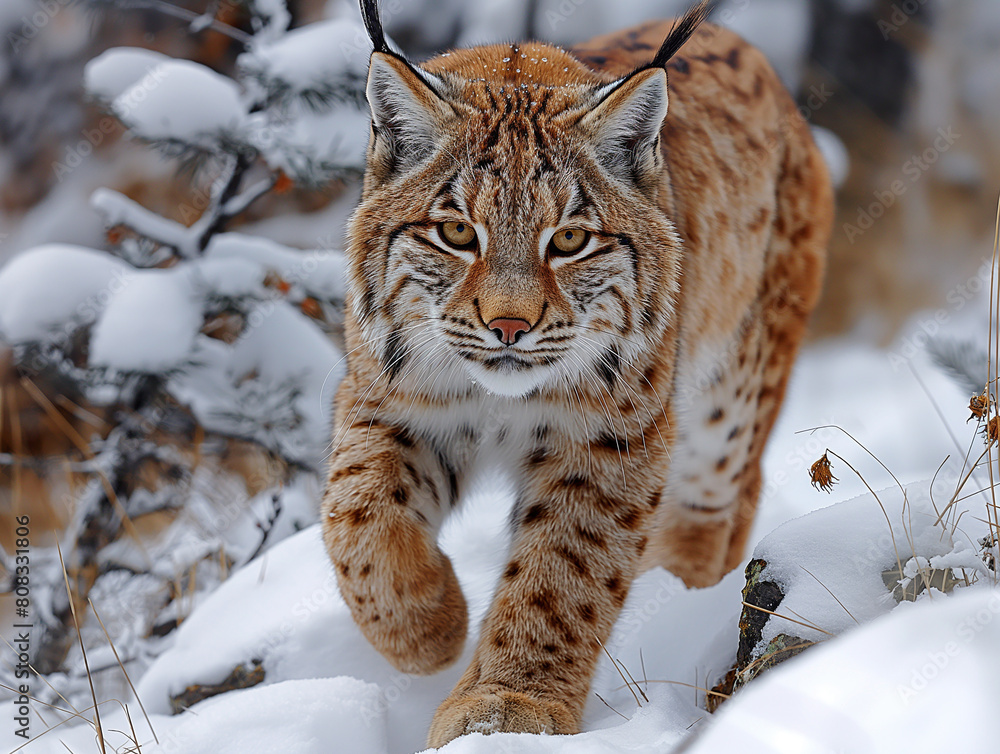 A cute and wild eurasian lynx walking in snow at winter in nature. A cute and wild eurasian lynx walking in snow at winter in nature.