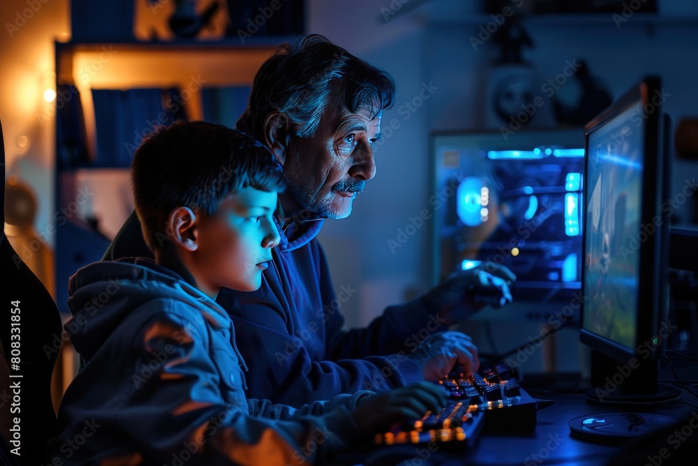 A man and a boy are playing a video game together
