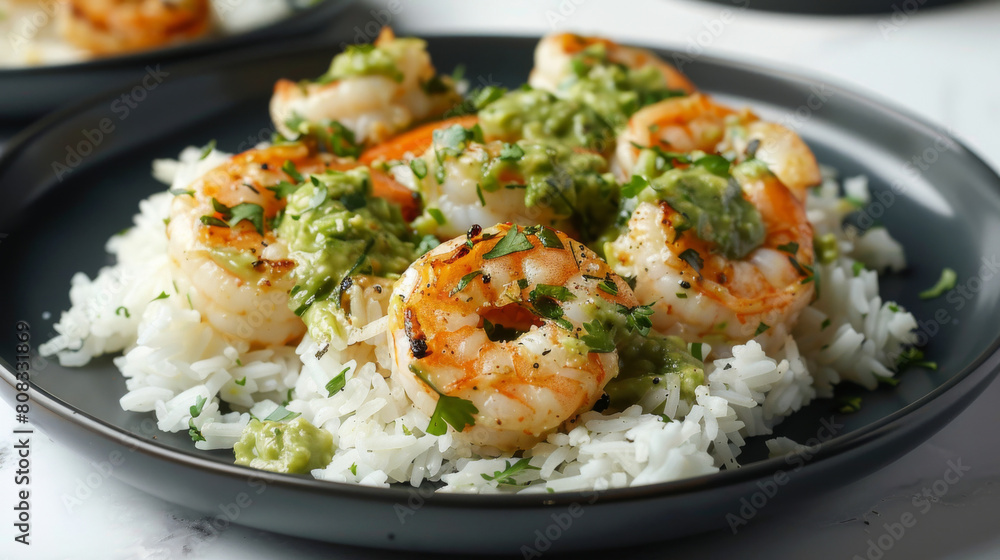 Savory ecuadorian shrimp ceviche with white rice and zesty green sauce presented on a sleek black plate Savory ecuadorian shrimp ceviche with white rice and zesty green sauce presented on a sleek black plate