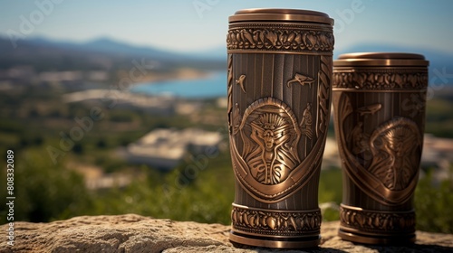 Hoplite's greaves with Greek myth motifs in countryside. photo