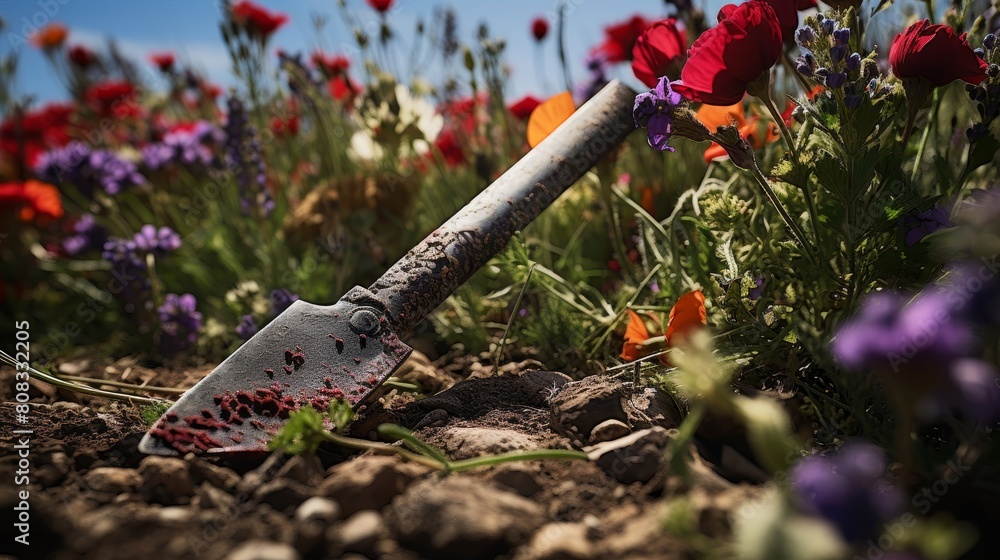 Hoplite's spear with entwined wildflowers. Hoplite's spear with entwined wildflowers.