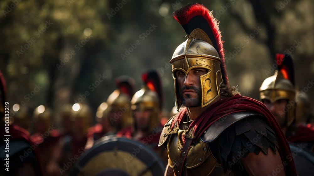 Fotografie Hoplite leading a ceremonial procession helmet adorned with laurel leaves