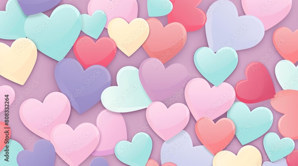 A lot of colorful hearts on pink background.