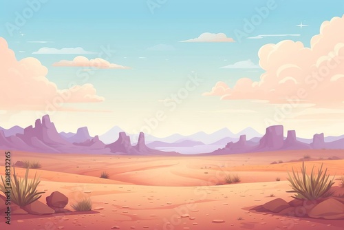 A vast desert landscape with towering rock formations and a clear blue sky.