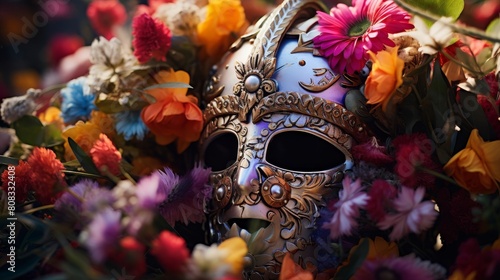 Hoplite's helmet adorned with vibrant flowers. photo