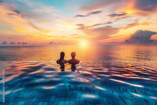 silhouette of a couple on a infinity pool enjoying the sunset at near the sea
