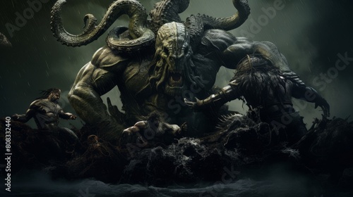 Hercules battles the Hydra in a dark swamp.