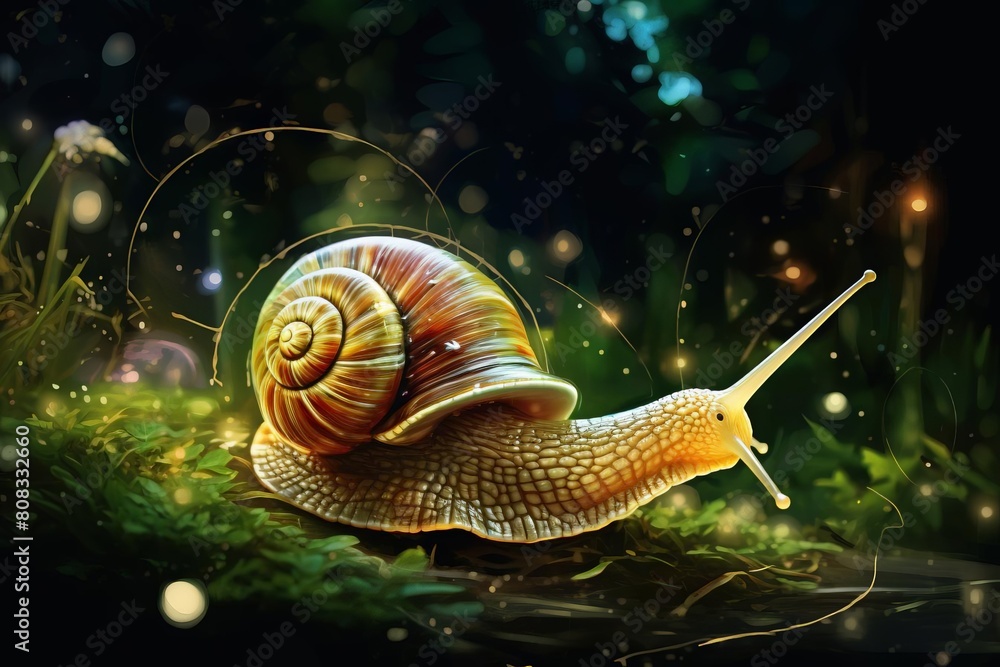 The snail is glowing in the dark forest, it looks like a magic creature. The snail is glowing in the dark forest, it looks like a magic creature.