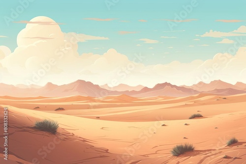 vast desert landscape with rolling sand dunes and a clear blue sky. photo