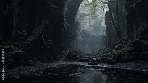 Underworld realm with River Styx and wandering souls. photo