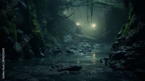 Underworld realm with River Styx and wandering souls.