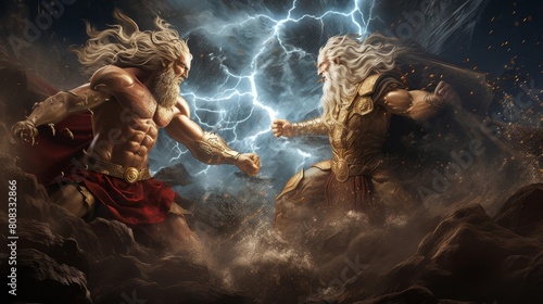 Epic gods vs Titans battle Zeus wields thunderbolts Poseidon summons waves