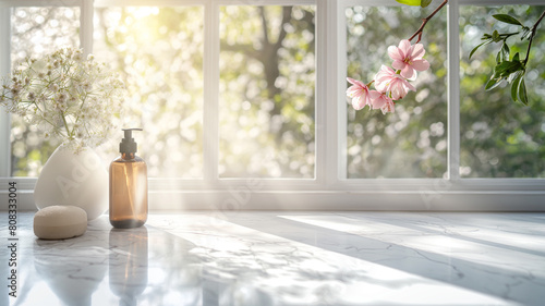 Chic Marble Vanity  Aesthetic Product Placement of Bottles  Flowers  and Sunlight in White-themed Bathroom