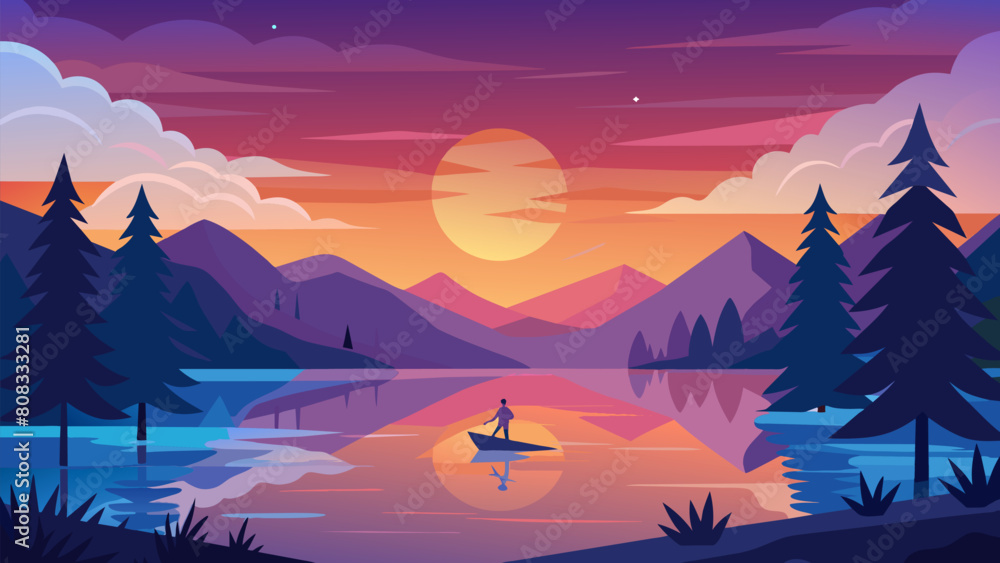 A quiet lake at sunset where you can paddle board and watch the sky change colors as you tone your muscles.. Vector illustration