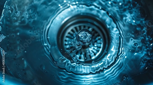 Water flows down a stainless steel kitchen sink drain, seen from above. A view of household plumbing emphasizes cleaning and hygiene.