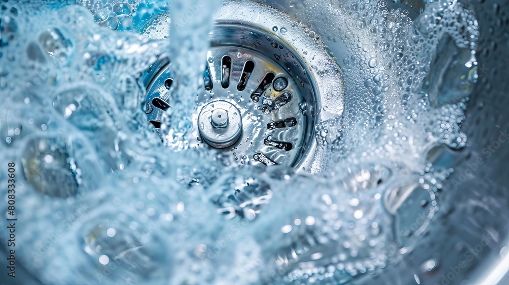Water flows down a stainless steel kitchen sink drain, seen from above. A view of household plumbing emphasizes cleaning and hygiene. Water flows down a stainless steel kitchen sink drain, seen from above. A view of household plumbing emphasizes cleaning and hygiene.