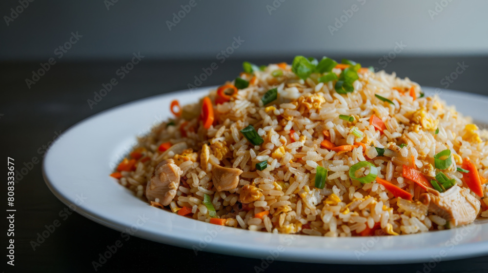 Delicious ecuadorian fried rice with green onions, red peppers, and juicy chicken on a dark backdrop Delicious ecuadorian fried rice with green onions, red peppers, and juicy chicken on a dark backdrop