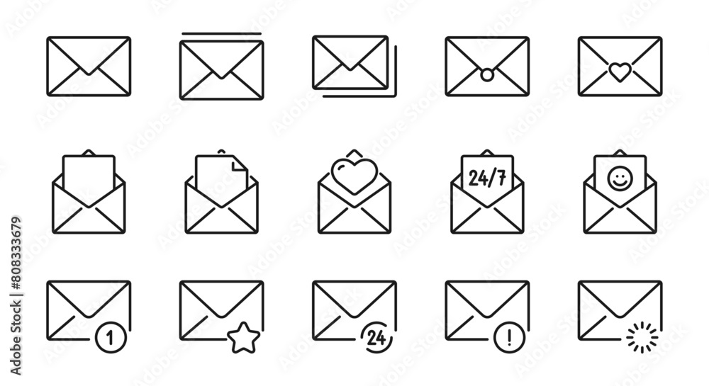 Message and letter line icons set 2. Mail, note, document, writing, communication sign or symbol. Isolated on a white background. Pixel perfect. Editable stroke. 64x64. Message and letter line icons set 2. Mail, note, document, writing, communication sign or symbol. Isolated on a white background. Pixel perfect. Editable stroke. 64x64.