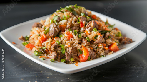 Authentic ecuadorian churrasco rice with succulent beef, fresh vegetables, and spring onions, served on a white plate