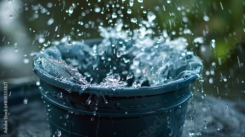 Water streams out of a bucket riddled with holes. photo