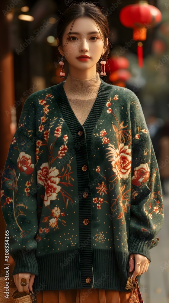 a floral pattern drop sleeve cardigan, model, female model in a floral spring outfit with a light cardigan