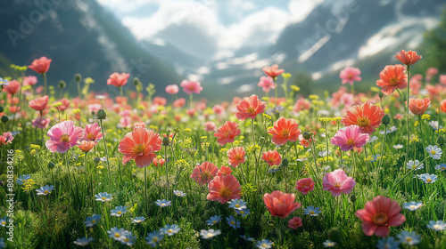 Colourful poppy meadow, mountain scenery.