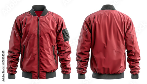red bomber jacket mockup template front and back view, isolated on transparent background, generated ai