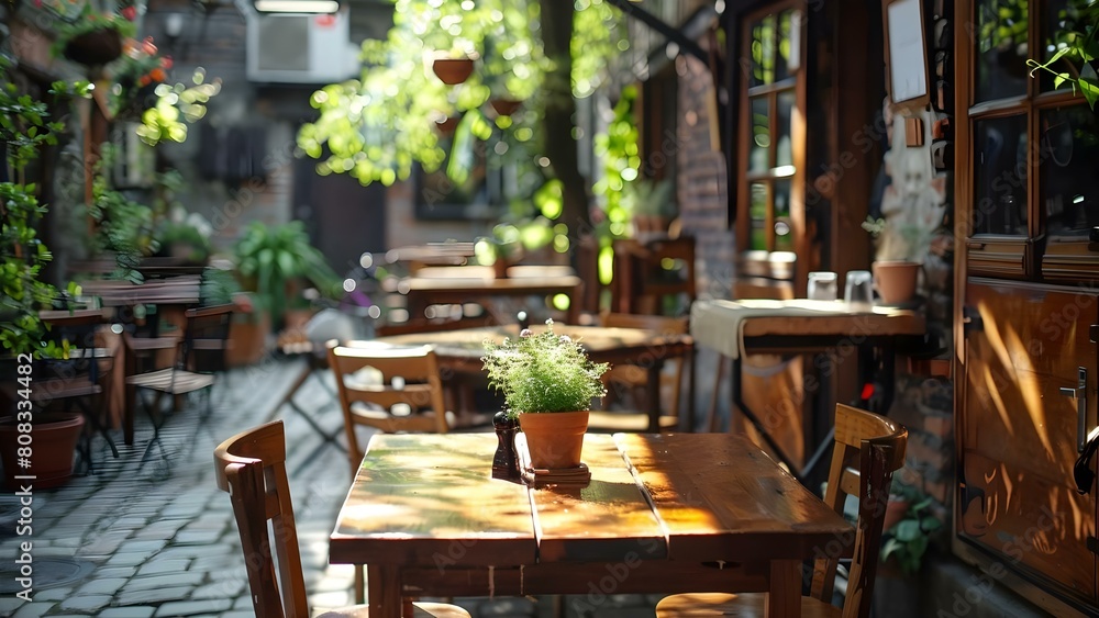 Small local cafe exterior in summer empty of people inviting atmosphere. Concept Local Café, Summer Vibes, Inviting Ambiance, Exterior Setting, Empty Scene