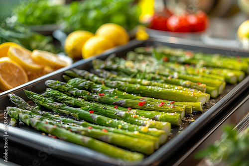 Oven baking tray with roasted green asparagus on oven tray and vegetables on the background. Ideal for showcasing delicious and healthy home cooked meals © Silga