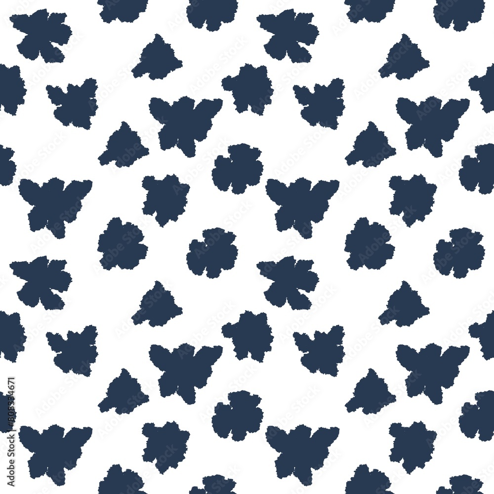 Seamless abstract botanical pattern. Navy blue flowers on white background. Silhouette. Digital brush strokes. Design for textile fabrics, wrapping paper, background, wallpaper, cover.