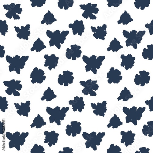 Seamless abstract botanical pattern. Navy blue flowers on white background. Silhouette. Digital brush strokes. Design for textile fabrics  wrapping paper  background  wallpaper  cover.