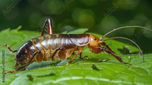 Closeup of Omnivorous Earwigs Eating Auricularia: Arthropod Insect Feeding, With Compound Eye photo